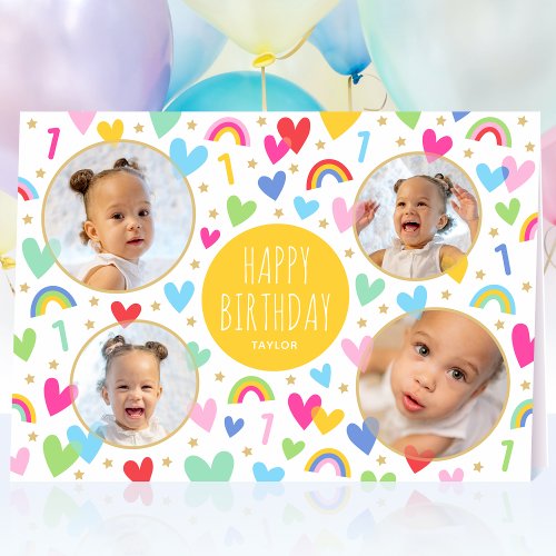 Kids 1st Birthday Cute Rainbow Photo Hearts Yellow Card