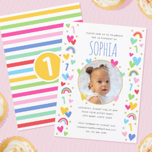 Kids 1st Birthday Cute Rainbow Photo Hearts Yellow Invitation