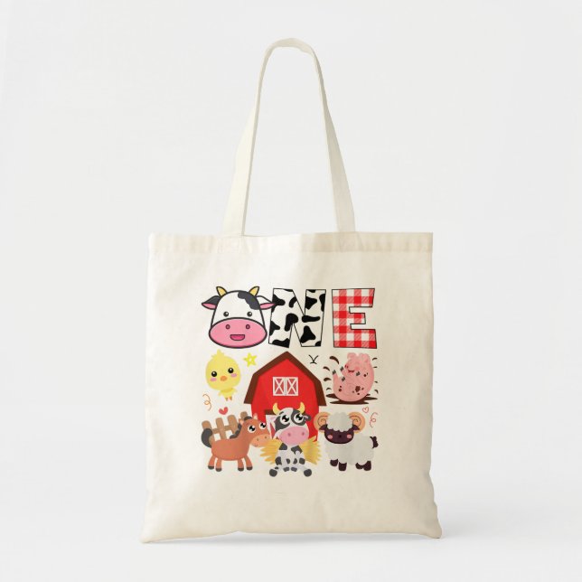Kids 1st Birthday One Year Old Farm Theme Animals  Tote Bag (Front)
