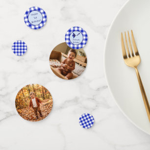 Kids 1st Birthday Photo Blue Gingham Fish Confetti