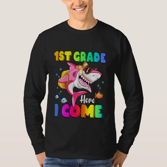 Kids 1st Grade Here I Come Shark Backpack Back To  T-Shirt (Front)