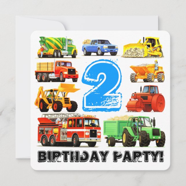 Kid's 2nd Birthday Construction Truck Party Invitation (Front)