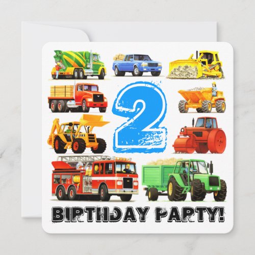 Kids 2nd Birthday Construction Truck Party Invitation