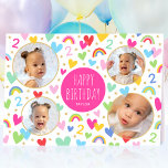 Kids 2nd Birthday Cute Rainbow Photo Hearts Pink Card<br><div class="desc">Celebrate the magic of turning two with this cute personalized greetings card! A fun and colorful design featuring four of your favorite photos and lots of rainbows, hearts and stars. The phrase "Happy Birthday" and the recipient's name are in the middle, and the all-important birthday age is repeated throughout the...</div>