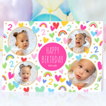 Kids 2nd Birthday Cute Rainbow Photo Hearts Pink