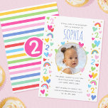 Kids 2nd Birthday Cute Rainbow Photo Hearts Pink Invitation<br><div class="desc">Celebrate the magic of turning two with these cute and colorful party invitations! A fun template personalized with your child's photo and name. Colorful rainbows, hearts, stars, and the all-important birthday age are repeated throughout the design. All the text can be customized, so you can include the information you want....</div>
