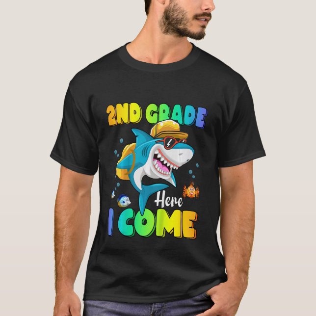 Kids 2nd Grade Here I Come Shark Backpack Back To  T-Shirt (Front)