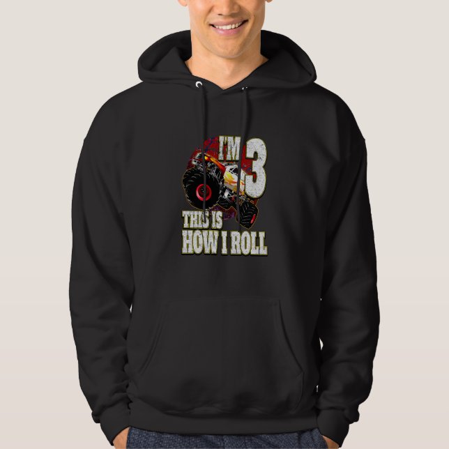Kids 3 Year Old Birthday  Loves Monster Truck Hoodie (Front)