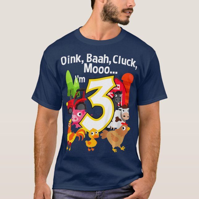 Kids 3 Year Old Farm Birthday Party Animal Barn T-Shirt (Front)