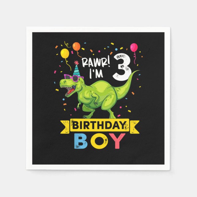 Kids 3 Year Old Shirt 3rd Birthday Boy T Rex Dinos Napkins (Front)