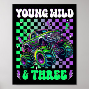 Kids 3rd Birthday Boy Monster Truck Young Wild And Poster