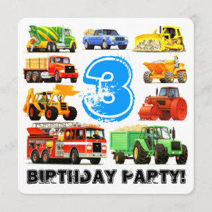 Kid's 3rd Birthday Construction Truck Party Invitation