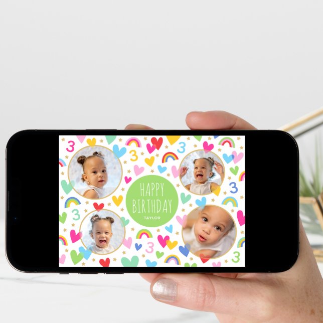 Kids 3rd Birthday Cute Rainbow Photo Hearts Green Card (Front Digital)