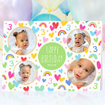Kids 3rd Birthday Cute Rainbow Photo Hearts Green Card<br><div class="desc">Celebrate the magic of turning three with this cute personalized greetings card! A fun and colorful design featuring four of your favorite photos and lots of rainbows, hearts and stars. The phrase "Happy Birthday" and the recipient's name are in the middle, and the all-important birthday age is repeated throughout the...</div>