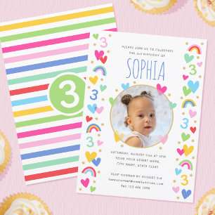 Kids 3rd Birthday Cute Rainbow Photo Hearts Green Invitation