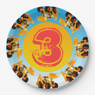 Kid's 3rd Birthday Digger Construction Truck Party Paper Plates