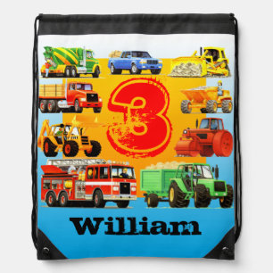 Kid's 3rd Birthday Party Custom Construction Truck Drawstring Bag