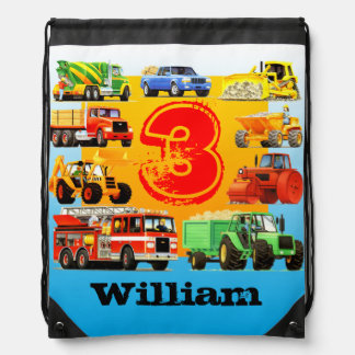 Kid's 3rd Birthday Party Custom Construction Truck Drawstring Bag