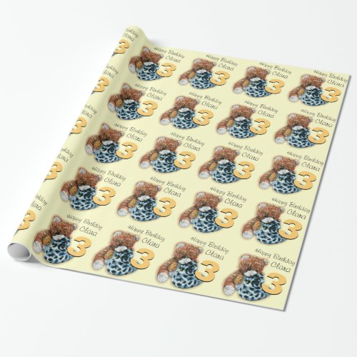 Kids 3rd birthday teddy bear patterned wrap wrapping paper