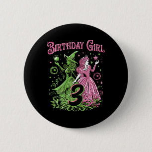 Kids 3rd Birthday Witch Pink And Green 3 Years Old Button