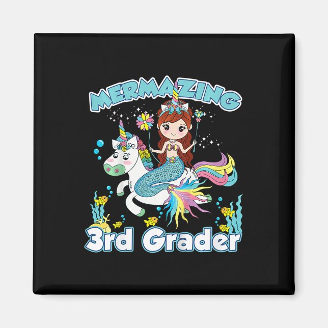 Kids 3rd Grade Mermaid Riding Unicorn Back to Scho Magnet (Front)
