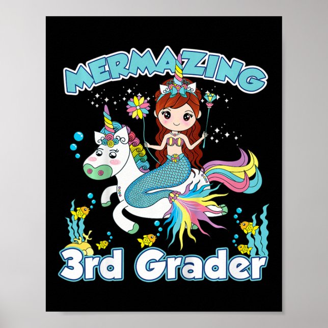 Kids 3rd Grade Mermaid Riding Unicorn Back to Scho Poster (Front)