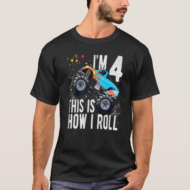 Kids 4 Year Old  4th Birthday Boy Monster Truck Ca T-Shirt (Front)