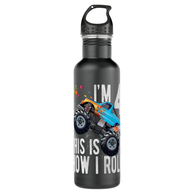 Kids 4 Year Old 4th Birthday Boy Monster Truck Car Stainless Steel Water Bottle (Front)