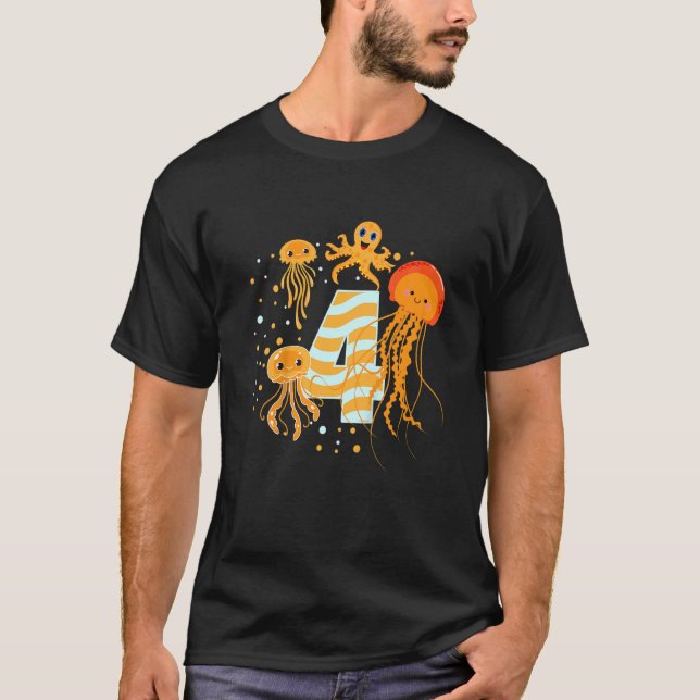 Kids 4 Year Old 4th Birthday Party Sea Fish Aquari T-Shirt (Front)