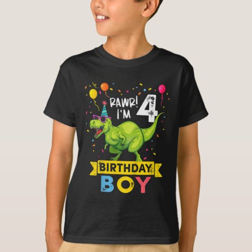 Kids 4 Year Old 4th Birthday T Rex Dinosaur T_Shirt