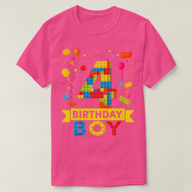 Kids 4 Year Old Building Blocks 4th Birthday Boy  T-Shirt (Design Front)
