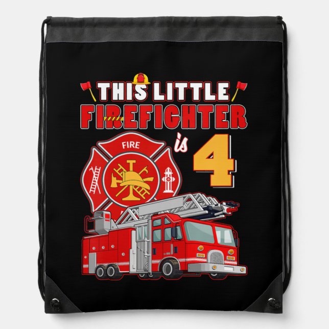 Kids 4 Year Old Firefighter Birthday Party Fire Drawstring Bag (Front)