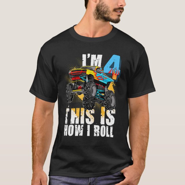 Kids 4 Year Old Monster Truck 4th Birthday Party B T-Shirt (Front)