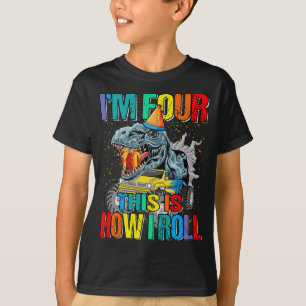 Kids 4 Year Old Monster Truck Dinosaur Birthday Pa T-Shirt