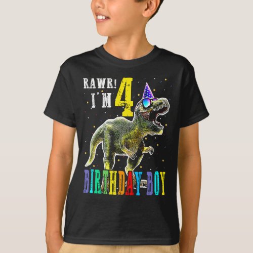 Kids 4 Year Old Shirt 4TH Birthday Boy T Rex Dinos