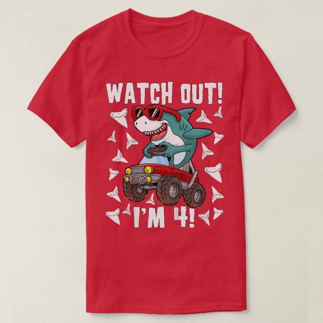 Kids 4 Years Old 4th Birthday Shark Boy Girl Monst T-Shirt (Design Front)