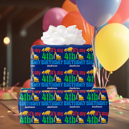 Kids 4th Birthday Boy Construction Vehicle Custom Wrapping Paper