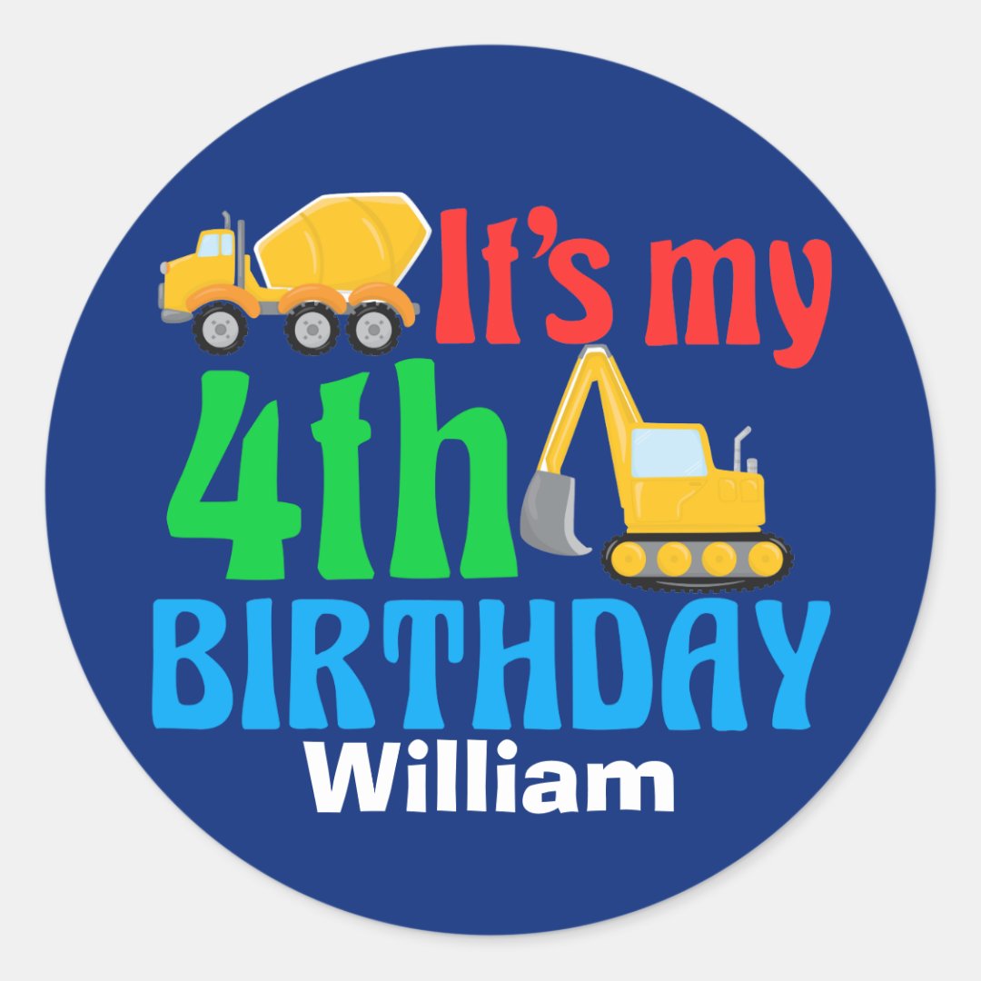 Kids 4th Birthday Boy Construction Vehicle Party Classic Round Sticker