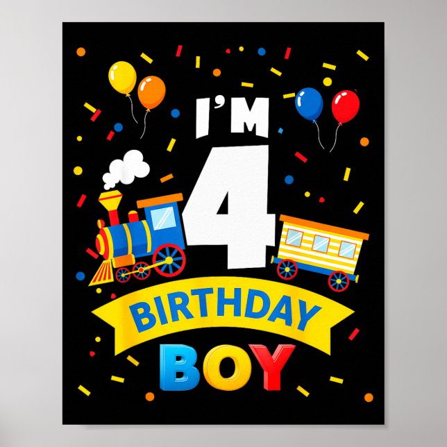 Kids 4th Birthday Boy Train Four 4 Year Old Birthd Poster (Front)