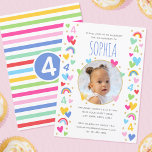 Kids 4th Birthday Cute Rainbow Photo Hearts Blue Invitation<br><div class="desc">Celebrate the magic of turning four with these cute and colorful party invitations! A fun template personalized with your child's photo and name. Colorful rainbows, hearts, stars, and the all-important birthday age are repeated throughout the design. All the text can be customized, so you can include the information you want....</div>