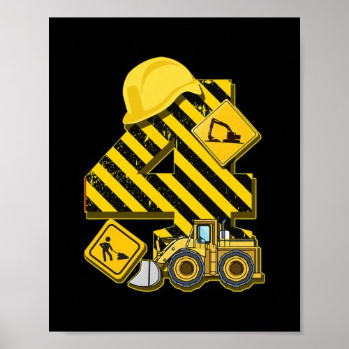 Kids 4th Birthday Digger I 4 Years Builder Poster