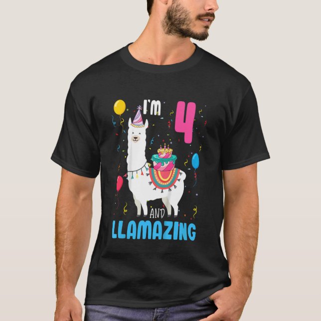 Kids 4th Birthday I Am 4 Years Old And Llamazing L T-Shirt (Front)