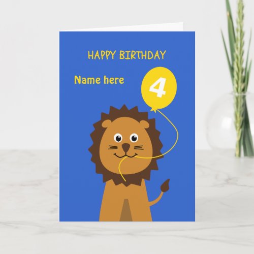 Kids 4th birthday lion add name blue card