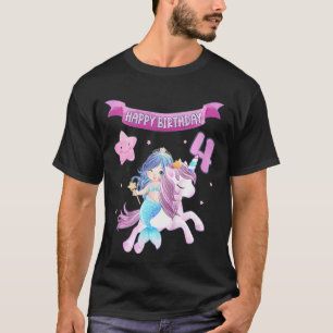 Kids 4th Birthday  Mermaid With Unicorn And Balloo T-Shirt