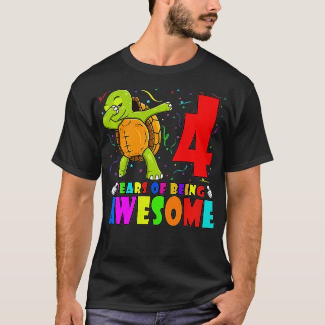 Kids 4th Birthday Party Dabbing Turtle  4 Years Ol T-Shirt (Front)