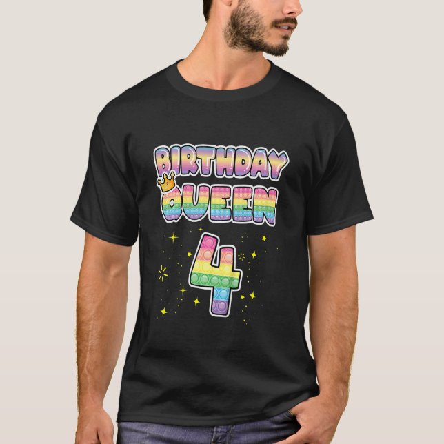 Kids  4th Birthday Queen 4 Cool Popper Number Pop  T-Shirt (Front)