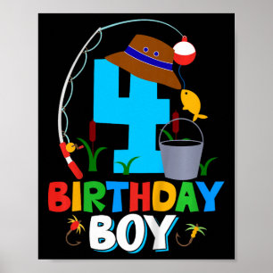 Kids 4th Birthday Shirt Boy Fishing Fish Bday Part Poster