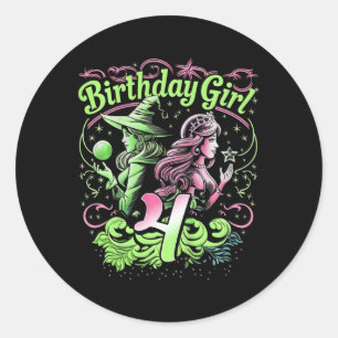 Kids 4th Birthday Witch Pink And Green 4 Years Old Classic Round Sticker