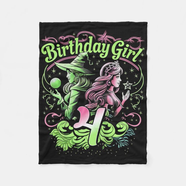 Kids 4th Birthday Witch Pink And Green 4 Years Old Fleece Blanket (Front)