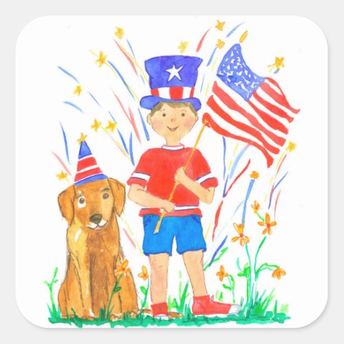 Kids 4th of July Patriotic Boy And Dog Square Sticker